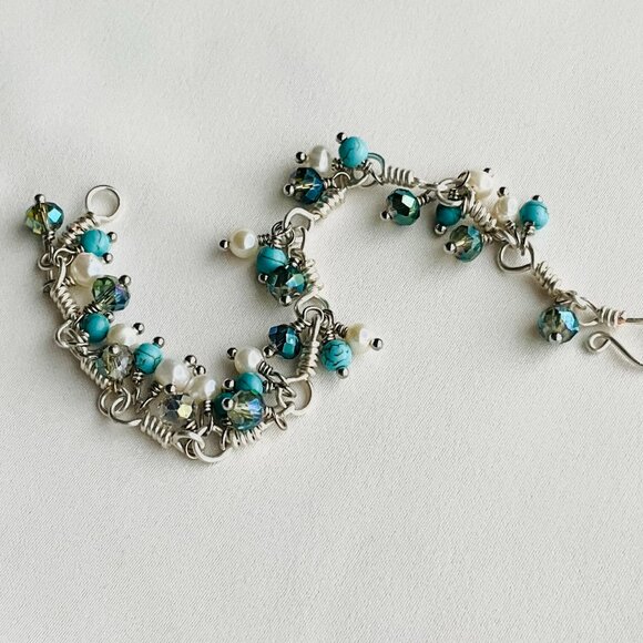 Cluster Bracelet with Turquoise, Pearls, and Crystals. Chain with Dangle Gem - Picture 8 of 16